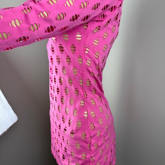 POSH by V Perforated High-Neck Pink Long Sleeve‎ Stretch-jersey Top - Picture 10 of 13